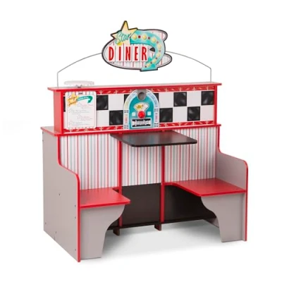 Image of Melissa &amp; Doug Star Diner Restaurant Playset Pretend Play Café and Kitchen Wooden Toy Shop Double sided Role 3+ Gift for Boy or Girl