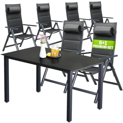 Image of CASARIA® Bern 7 Piece Aluminium Garden furniture Set 6 Adjustable High Back Reclining Foldable Chairs With Head Cushions Table 1500x90cm Weatherproof Outdoor Patio Seating Group Anthracite