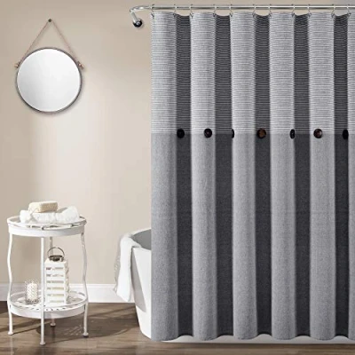 Image of Lush Decor 16T005473 Gray Linen Woven Cotton Shower Curtain, Farmhouse Button Stripe, Yarn Dyed (72&quot; x 72&quot;)