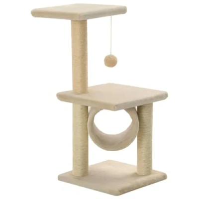 Image of vidaXL Beige Cat Tree 65cm, Plush Kitten Play Centre with Sisal Scratching Posts &amp; Toy, Comfortable Multi Level Relaxing Perch for Indoor Use