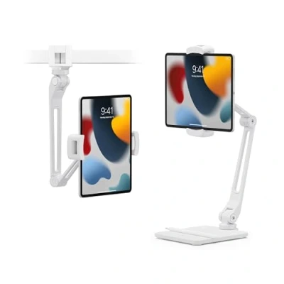 Image of Twelve South HoverBar Duo (2nd Gen) for iPad/iPad Pro/Tablets Adjustable Arm with New Quick Release Weighted Base and Surface Clamp Attachments Mounting iPad (White)