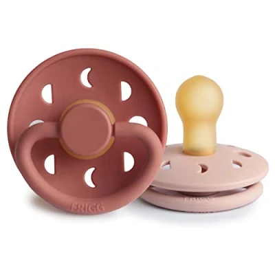 Image of FRIGG Moon Phase Latex Pacifier Pack of 2 Natural Rubber Soother Dummy BPA Free Made in Denmark Symmetrical Cherry Shaped Nipple (Blush/Powder Blush, Size 1 (0 6 Months))