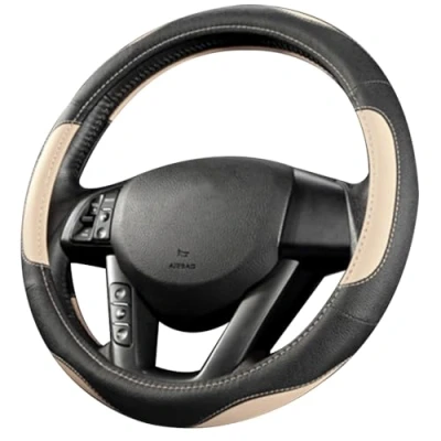 Image of coofig Leather Car Steering Wheel Covers Universal 37 38cm /15inch Breathable Anti slip Protector Interior Accessories for Auto/Truck/SUV/Van Men Women (Black beige 2)