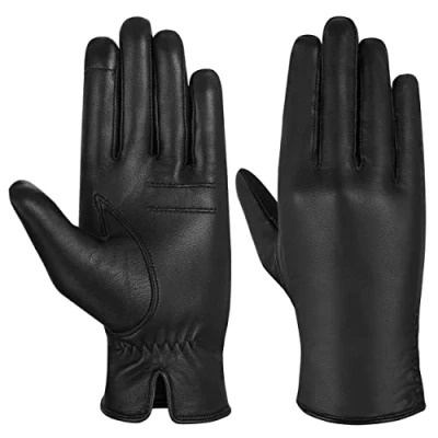 Image of Hand Fellow Women Genuine Leather Gloves Winter Fleece Lined Touch Screen Ladies Driving (Plain Black, L)