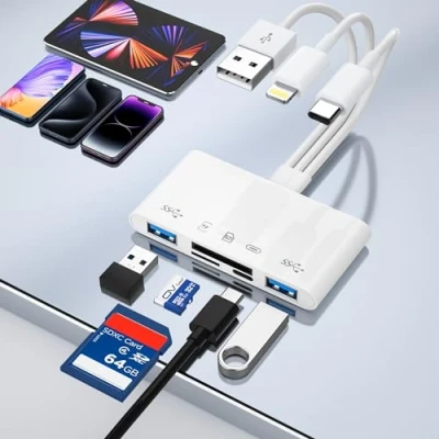 Image of SD Memory Card Reader for iPhone iPad Camera Digital Adapter with SD/TF/Micro Slots+2*USB Adapter+USB C Audio Adapter, Lightning+USB A+USB to PC/Android/MacBook