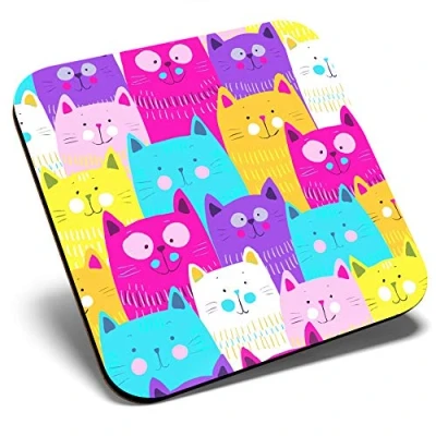 Image of Great Single Coaster Square Colourful Cats Cartoon Cat Print Glossy Quality Coasters Tabletop Protection for Any Table Type #13233
