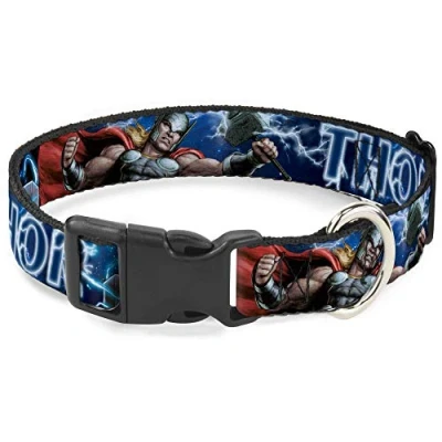 Image of Marvel Comics Pet Collar, Dog Collar Plastic Buckle, Avengers Thor Hammer Action Pose Galaxy Blues White, 7 to 8.5 Inches 0.5 Inch Wide