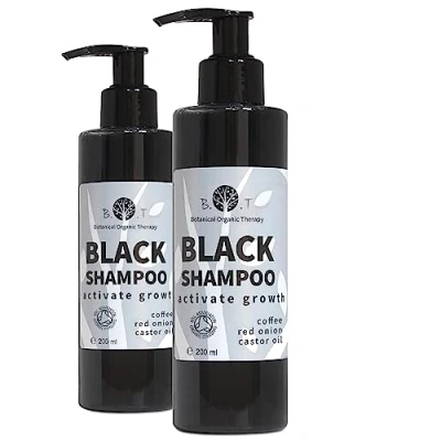 Image of Black Shampoo Greasy Hair, Hair Growth, Anti Loss, Dandruff &amp; Itchy Scalp, Sebum Control. Onion, Caffeine and Castor Oil. Paraben FREE, Sulphate Silicone FREE 2 x 200 ml