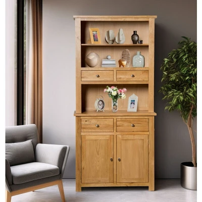 Image of Hallowood Furniture Waverly Small Display Cabinet, Solid Wooden Dresser, Sideboard with Top, Light Oak Cabinet 4 Drawers and Storage Cupboard for Kitchen Living Room