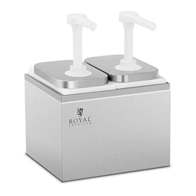Image of Royal Catering Stainless Steel Condiment Dispenser Sauce Pump Takeaway 2 Pumps 2x2L RCDI 4L (Stainless Steel, Polypropylene, Total Vol. 4L, Dispenser)
