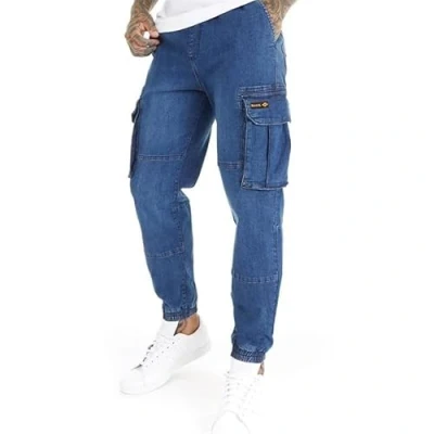 Image of Bench Mens Original Cuffed Jogger Jeans Cargo Pant Denim Elasticated Waist Drawcord Multi Pocket Combat 6 Pockets Cuff Leg Light Blue 32W / 32L