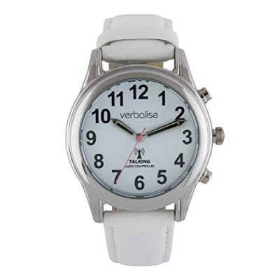 Image of Verbalise Ladies Silver Talking Watch with White Leather Strap VLRC 209LW
