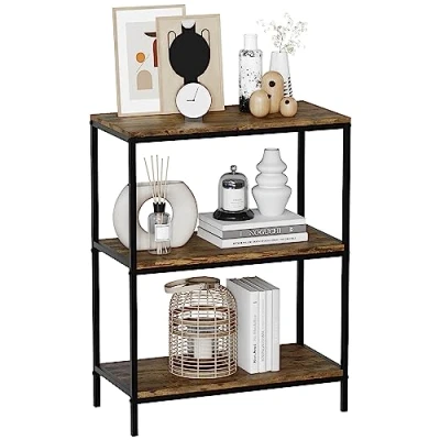 Image of Vida Designs Brooklyn Bookcase Wooden Shelving Shelf Storage Display Shelves Unit Industrial Rustic Furniture (Dark Wood, 3 Tier)