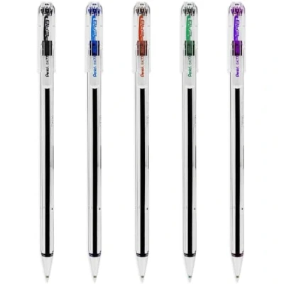 Image of PENTEL SUPERB BK77 PACK OF 5 BLACK, BLUE, RED, GREEN, VIOLET BALL POINT PENS. 0.7mm TIP