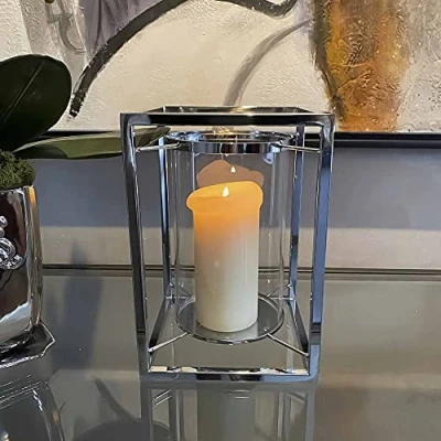 Image of Silver Cube Hurricane Lamp Tea Light Candle Holder