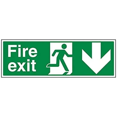 Image of V Safety Fire Exit Arrow Down Sign Landscape 600mm x 200mm 1mm Rigid Plastic