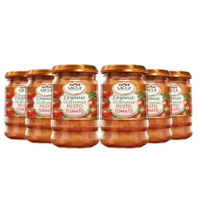 Image of Sacla Italian Tomato Pesto Vegetarian, Perfect with Pasta, Soups, Rice and Salads Made Basil Leaves, Sundried Tomatoes, Vegetarian Cheese Nuts 190g (Pack of 6)