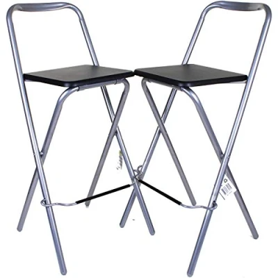 Image of marko Furniture Kempsey Folding Wooden Bar Stool Chair Breakfast Kitchen Seating Silver Frame Seat Home (Pack of 2 Stools Black)