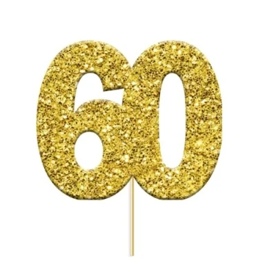Image of Anniversary House 12 Pcs Gold Glitter Birthday Cake Toppers, 3.8 x 4.5cm Cupcake 60th Wedding Decorations, Age 60 Number Celebrations, Paper, J066