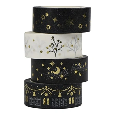Image of UOOOM 4 pcs Gold Foil Washi Tape Masking decorative Paper Sticker Adhesive for Scrapbooking DIY Craft Gift Decoration (Gold)