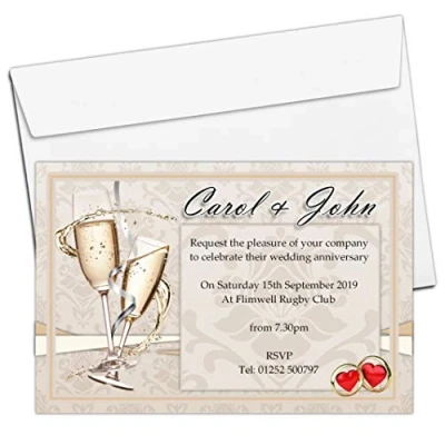 Image of 10 Personalised Gold Champagne Wedding Anniversary Invitations Invites N15 ANY YEAR 1st 2nd 3rd 5th 10th etc