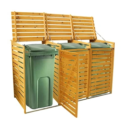 Image of Triple Wooden Wheelie Bin Store Outdoor Garden Lockable Latched Dustbin Cover Storage Wood Timber Shed Unit Hinged Lid
