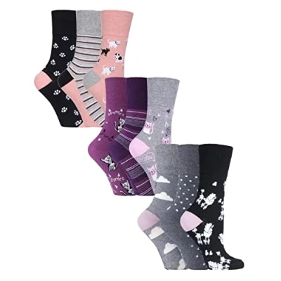 Image of Gentle Grip 9 Pair Multipack Ladies Cotton Crew Non Elastic Socks Womens Soft Top Striped Patterned Binding (4 8, Cats &amp; Dogs)