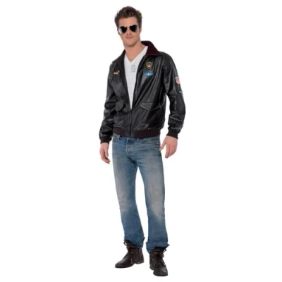 Image of Smiffys Top Gun Bomber Jacket, Adults Brown Leather Look Maverick Official License Costume with Aviation Badges, Pocket Detail &amp; Faux Leather, Halloween Fancy Dress