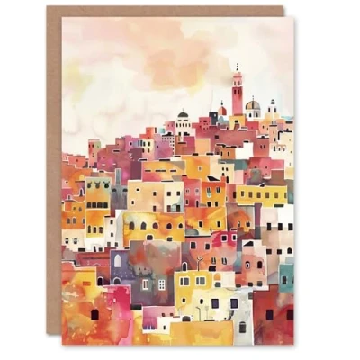 Image of Artery8 Greeting Card Morocco Skyline Colourful Watercolour Cityscape Blank For Him Or Her Art Birthday