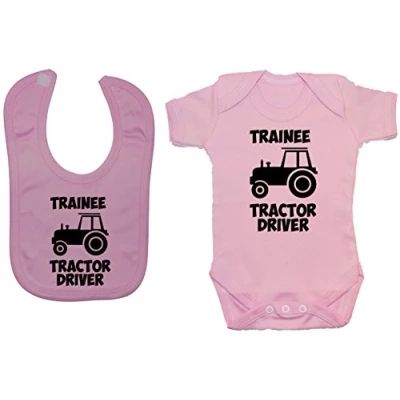 Image of Acce Products Trainee Tractor Driver Baby Bodysuit/Romper &amp; Feeding Bib 6 12 Months Pink
