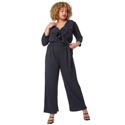Image of Roman Curve Womens Frill Detail Wrap Jumpsuit Black Size UK 30 32