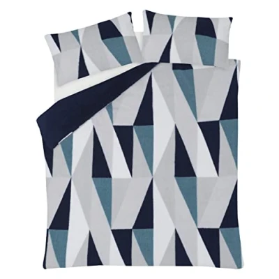 Image of Sleepdown Geometric Teddy Fleece Thermal Warm Cosy Super Soft Duvet Cover Quilt Bedding Set with Pillow Cases Navy King (220 cm x 230 cm)