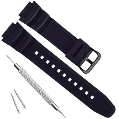 Image of OliBoPo Waterproof Natural Resin Replacement Watch Band for Casio AQ S800W SGW 300H MRW 200H AE 1200 W 800H 735H (Black/Black Buckle)