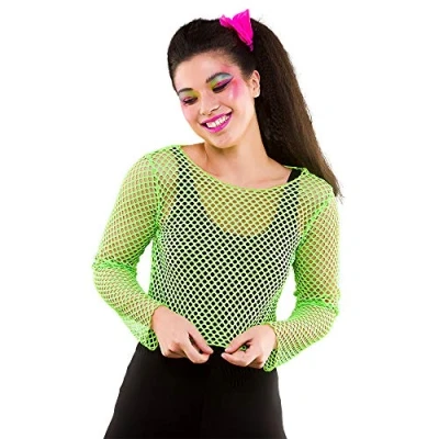 Image of Wicked Costumes Adult 80&#039;s Neon Green Fishnet Long Sleeved Top (One Size UK 6 10)
