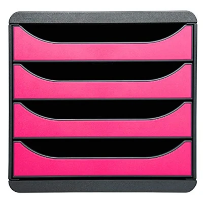 Image of Exacompta Ref 310784D BIG BOX Desktop Drawer Set 4 x 55mm Drawers, Suitable for A4+ Documents, 347 278 267mm, 100% Recycled Plastic Black/Raspberry