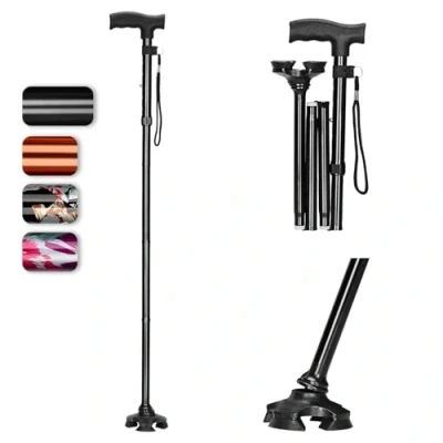 Image of supregear Folding Cane, 5 Level Adjustable Cane with T Handle and Anti lost Wrist Strap Non Slip Self Standing 4 Legged Rubber Support Collapsible for Elderly Disabled Men Women, Black