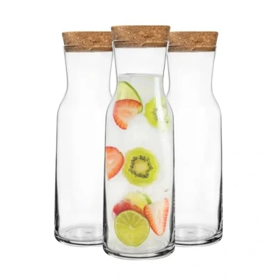 Image of Bormioli Rocco 3 Piece Aquaria Glass Water Carafe with Cork Lid Set Decanter Jug for Water, Wine, Iced Tea 1.2L