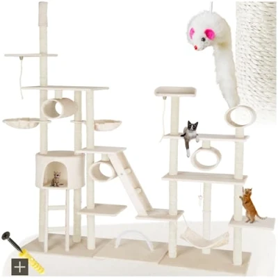 Image of tectake® Large Cat Tree with Multiple Levels, Robust Sisal Scratching Posts, Cosy House, Hammock, 2 Beds, Ladders, 4 Tunnels &amp; Toy Mouse 261 cm Tower Adjustable Ceiling Post Beige