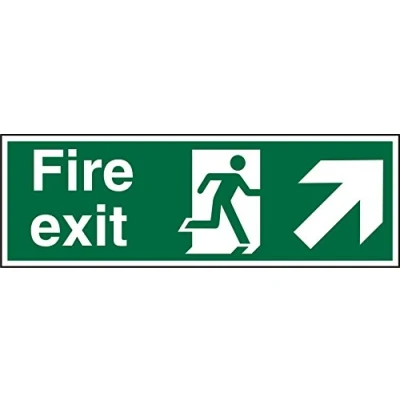 Image of Seco Fire Exit Exit, Man Running Right, Arrow Pointing Up &amp; Right Sign, 450mm x 150mm Self Adhesive Vinyl