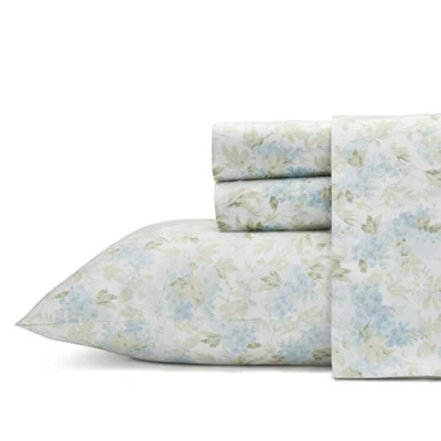 Image of Laura Ashley King Sheets, Soft Sateen Cotton Bedding Set Sleek, Smooth, &amp; Breathable Home Decor (Rena Teal, King)