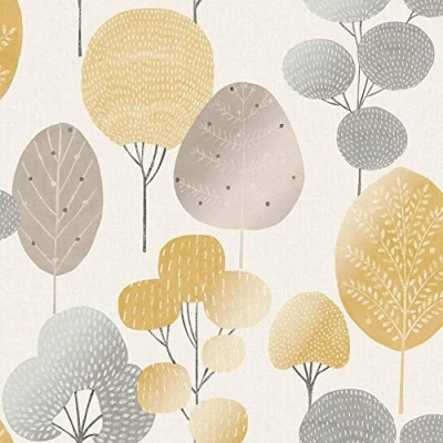 Image of Scandi Forest Tree Metallic Wallpaper Woodland Leaf Yellow Grey Shimmer Y�L
