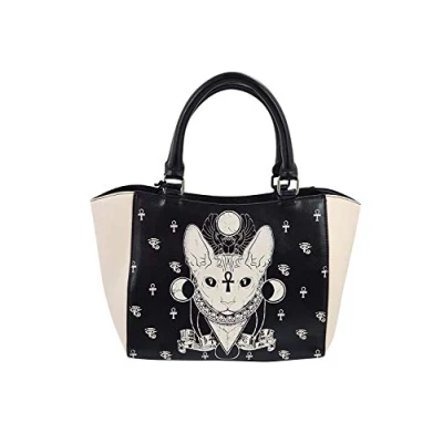 Image of Lost Queen Gothic Bastet Sphynx Cat Occult Goth Satchel Handbag, Black, Cream, S