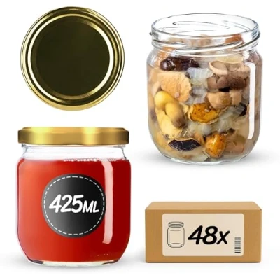 Image of KADAX Jam Jars 425 ml, Preserving with Airtight Lids for Homemade Marmalade, Jelly and Honey, Glass Storing Herbs (Gold Lids, Set of 48)