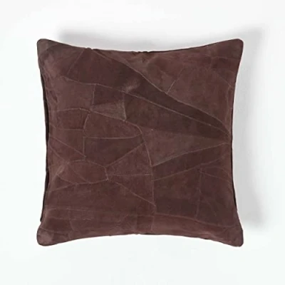 Image of HOMESCAPES Real Leather Chocolate Brown Cushion with Feather Insert 45 x cm Square 18 Inches Recycled Suede Sofa Patchwork Pattern