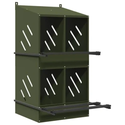 Image of vidaXL Chicken Nesting Box 4 Compartment Poultry House/Coop with Perch &amp; Ventilation in Olive Green Metal for Indoor/Outdoor Use Sturdy, Durable Weather Resistant