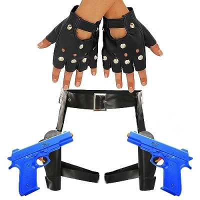 Image of Gun Holster Belt &amp; Studded Glove Accessory Set Faux Leather and Holsters, 2x Plastic Blue Guns, Fingerless Gloves Perfect for Movie Character Dress Up Halloween Fancy Parties