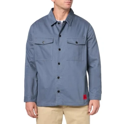 Image of HUGO Men&#039;s Twill Patch Pockets Button Down Overshirt Shirt, Amalfi Blue, Large