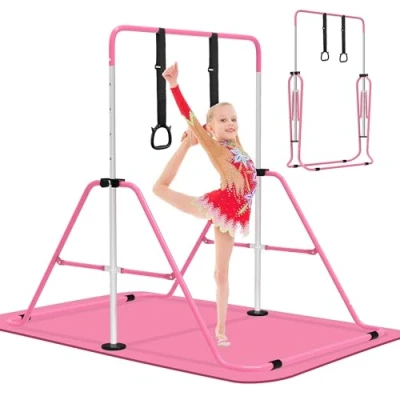 Image of EVERYMILE Gymnastics Bars with Mat, Junior Training Kip Bar Equipment for Home,Adjustable Height Folding Horizontal Gymnastic Rings