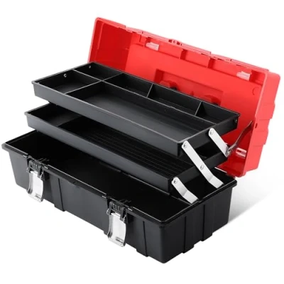 Image of Tool Box 17 Inch, MAXPOWER Lightweight Cantilever Organiser Plastic Storage Folding Toolbox with Three Layer Tray and Dividers