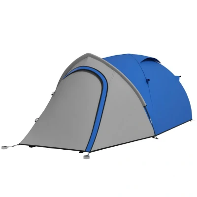 Image of Outsunny Two Man Camping Tent Dome with Weatherproof Shell, Vestibule &amp; Windows, for Fishing Hiking, Blue and Grey
